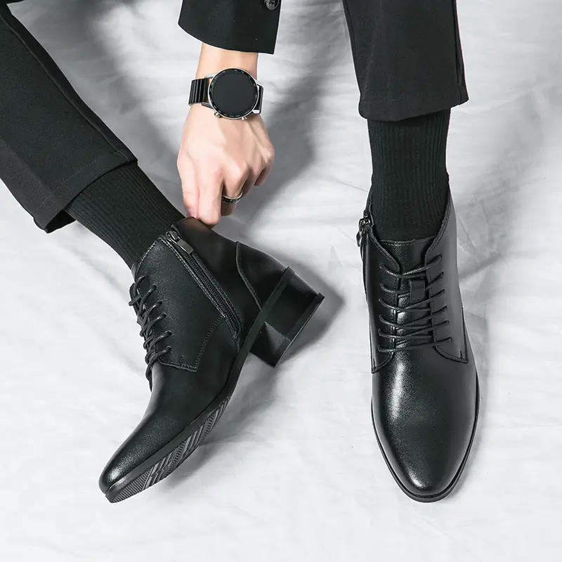 Pointed Toe Men Shoe New Male High Heels Ankle Boots Genuine Leather Men Casual Pointed Toe Shoes Side Zipper Men  Boots