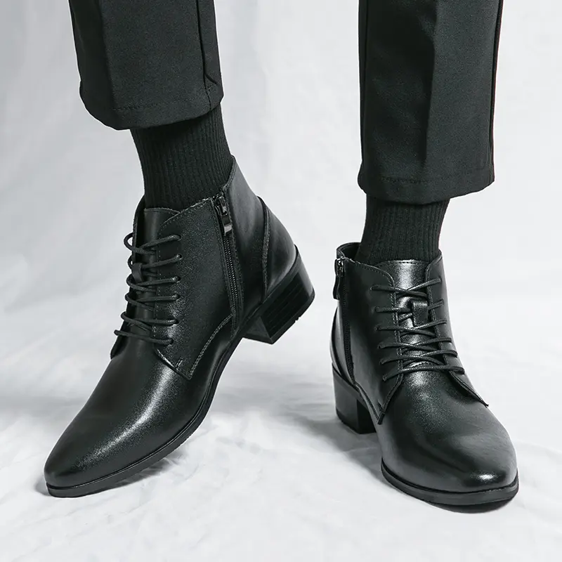 Pointed Toe Men Shoe New Male High Heels Ankle Boots Genuine Leather Men Casual Pointed Toe Shoes Side Zipper Men  Boots