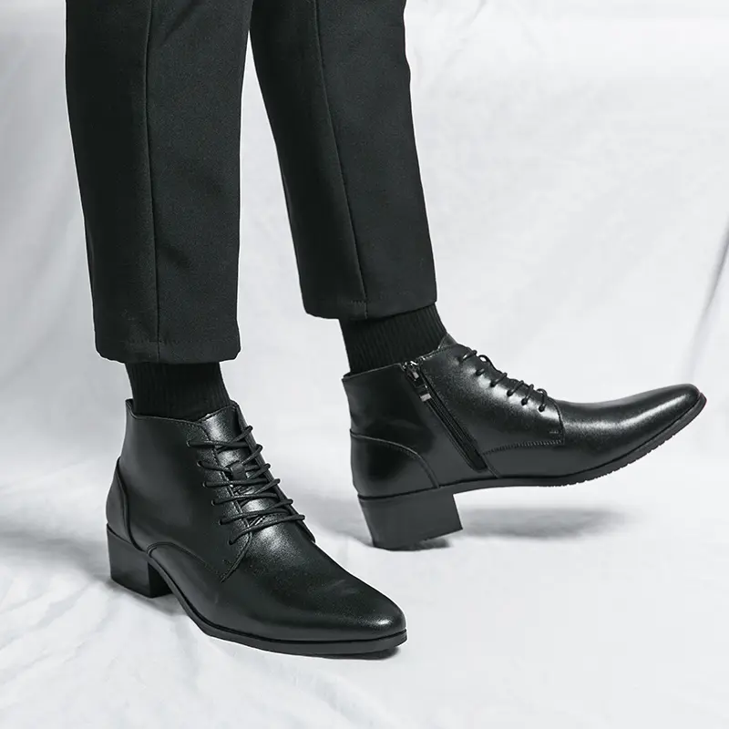 Pointed Toe Men Shoe New Male High Heels Ankle Boots Genuine Leather Men Casual Pointed Toe Shoes Side Zipper Men  Boots