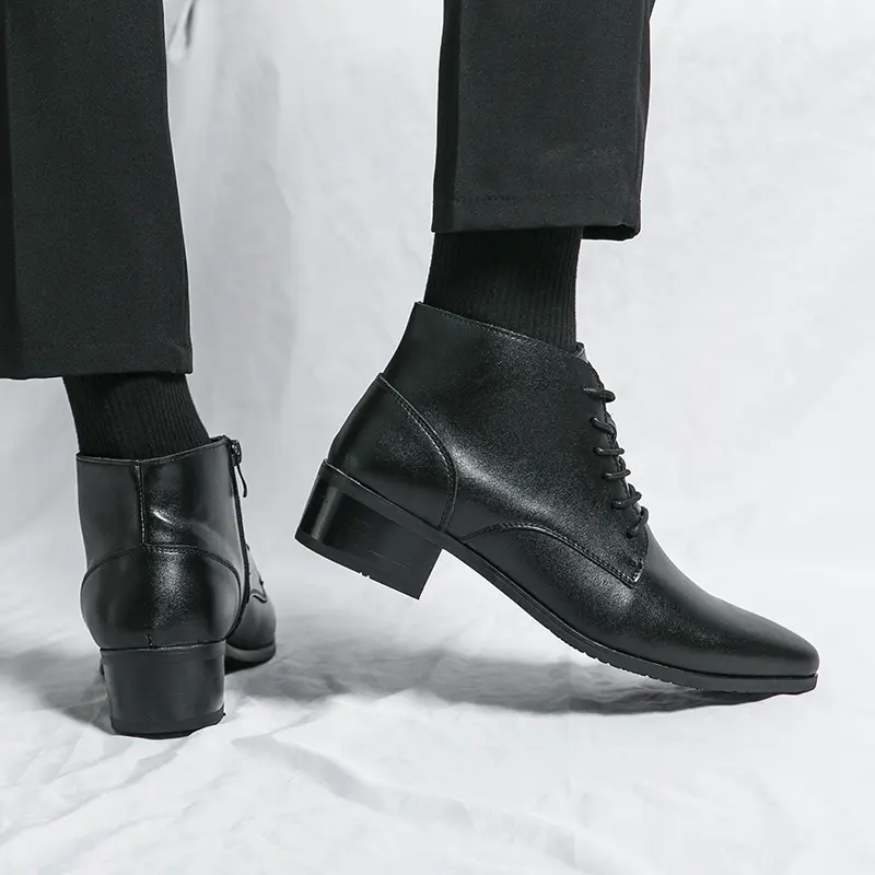 Pointed Toe Men Shoe New Male High Heels Ankle Boots Genuine Leather Men Casual Pointed Toe Shoes Side Zipper Men  Boots