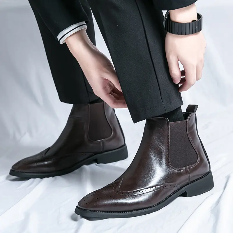New Arrival Men Pointed Chelsea Boots Business Leather Shoes Black Brown Cowboy Autumn Winter Boot Party Prom Dress Ankle Botas