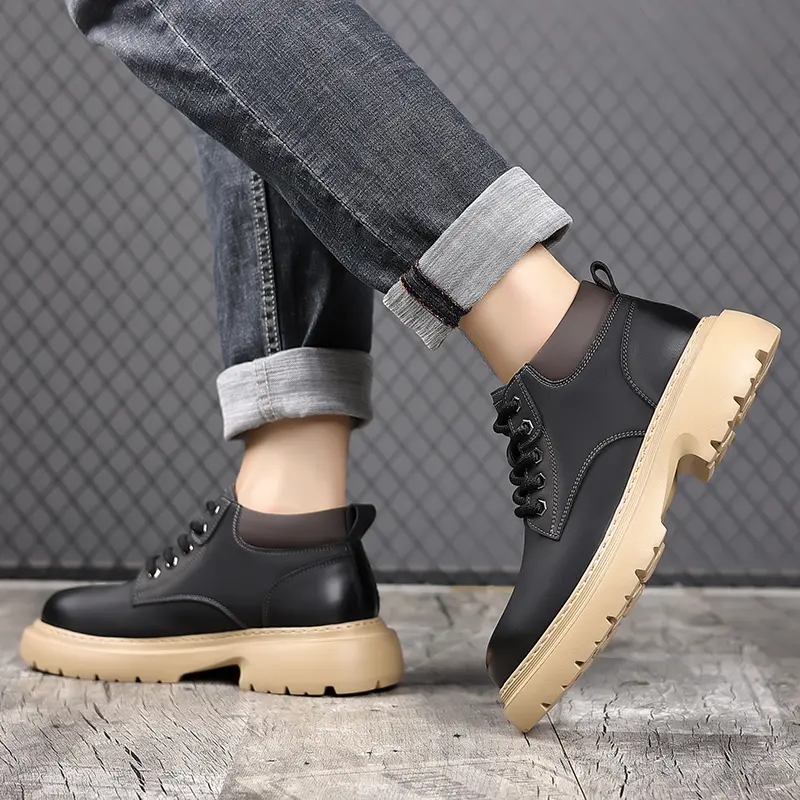 Retro Casual High Top Boots for Men Genuine Leather Men's Motorcycle Boots Men's All-match Male Ankle Boots Lace-Up Work Shoes