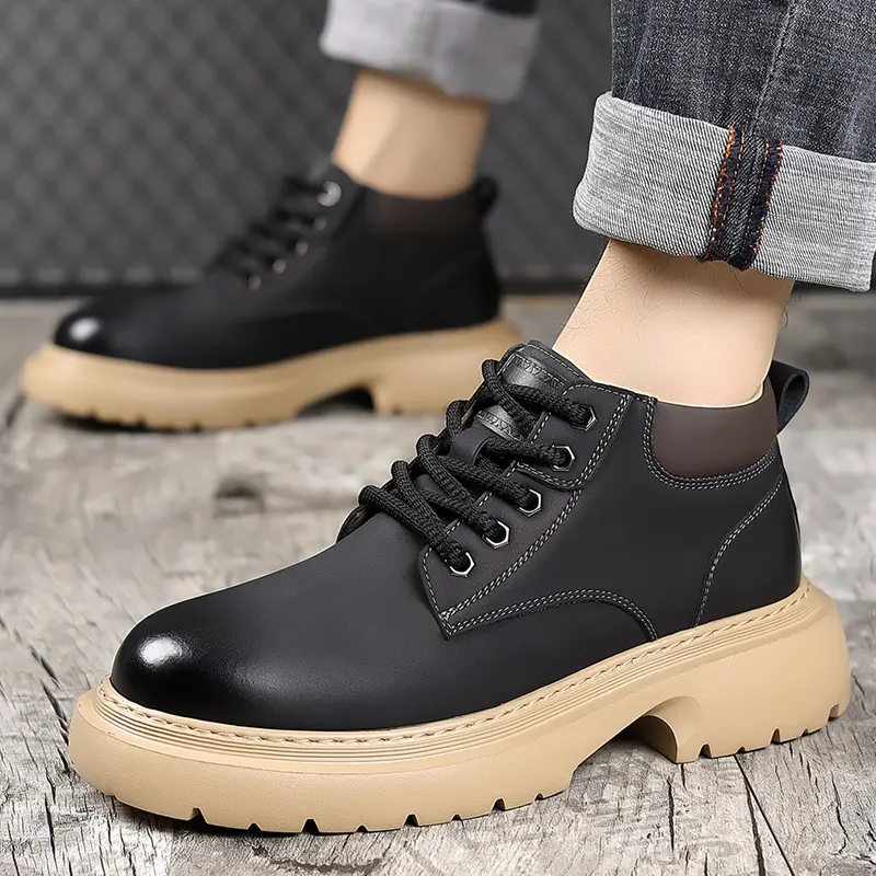 Retro Casual High Top Boots for Men Genuine Leather Men's Motorcycle Boots Men's All-match Male Ankle Boots Lace-Up Work Shoes