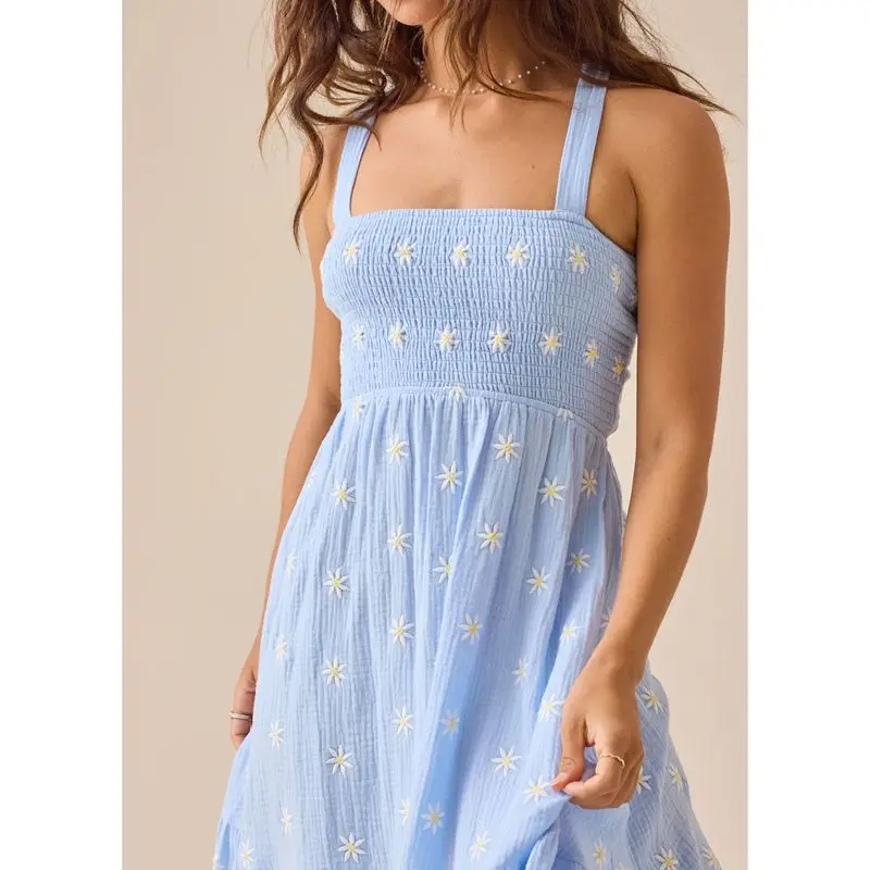 Combhasaki Women Sleeveless Smocked Square Neck Backless Cutout Tie-up Floral Embroidery Summer Flowy A-line Tank Long Dress