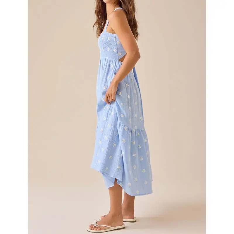 Combhasaki Women Sleeveless Smocked Square Neck Backless Cutout Tie-up Floral Embroidery Summer Flowy A-line Tank Long Dress