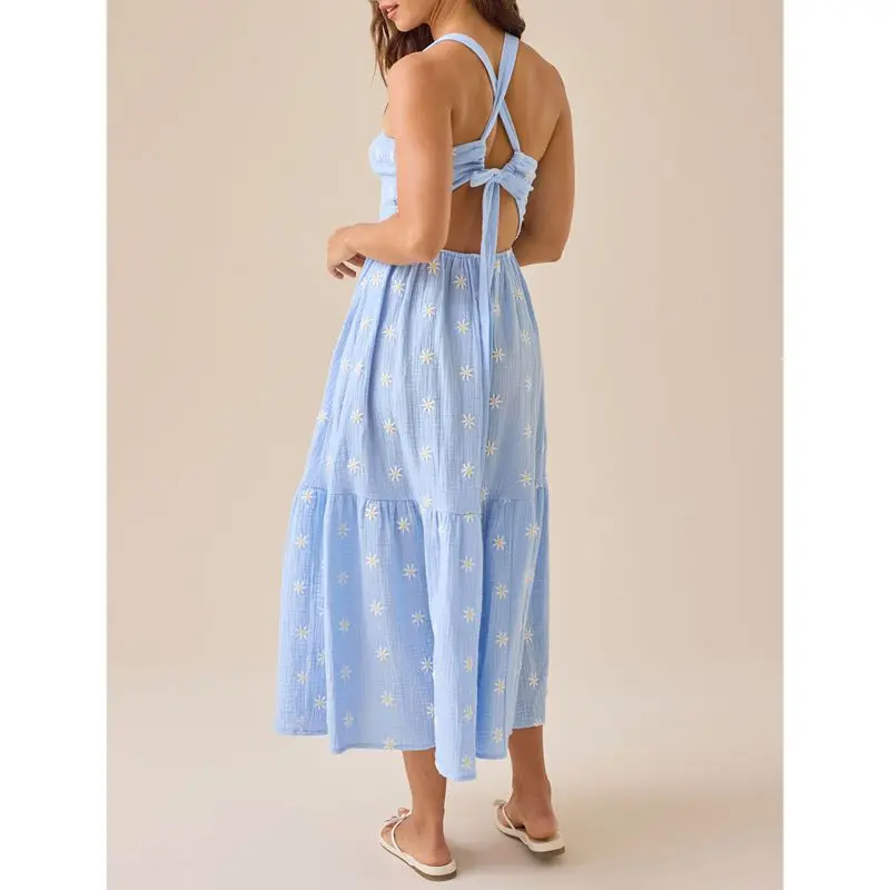 Combhasaki Women Sleeveless Smocked Square Neck Backless Cutout Tie-up Floral Embroidery Summer Flowy A-line Tank Long Dress