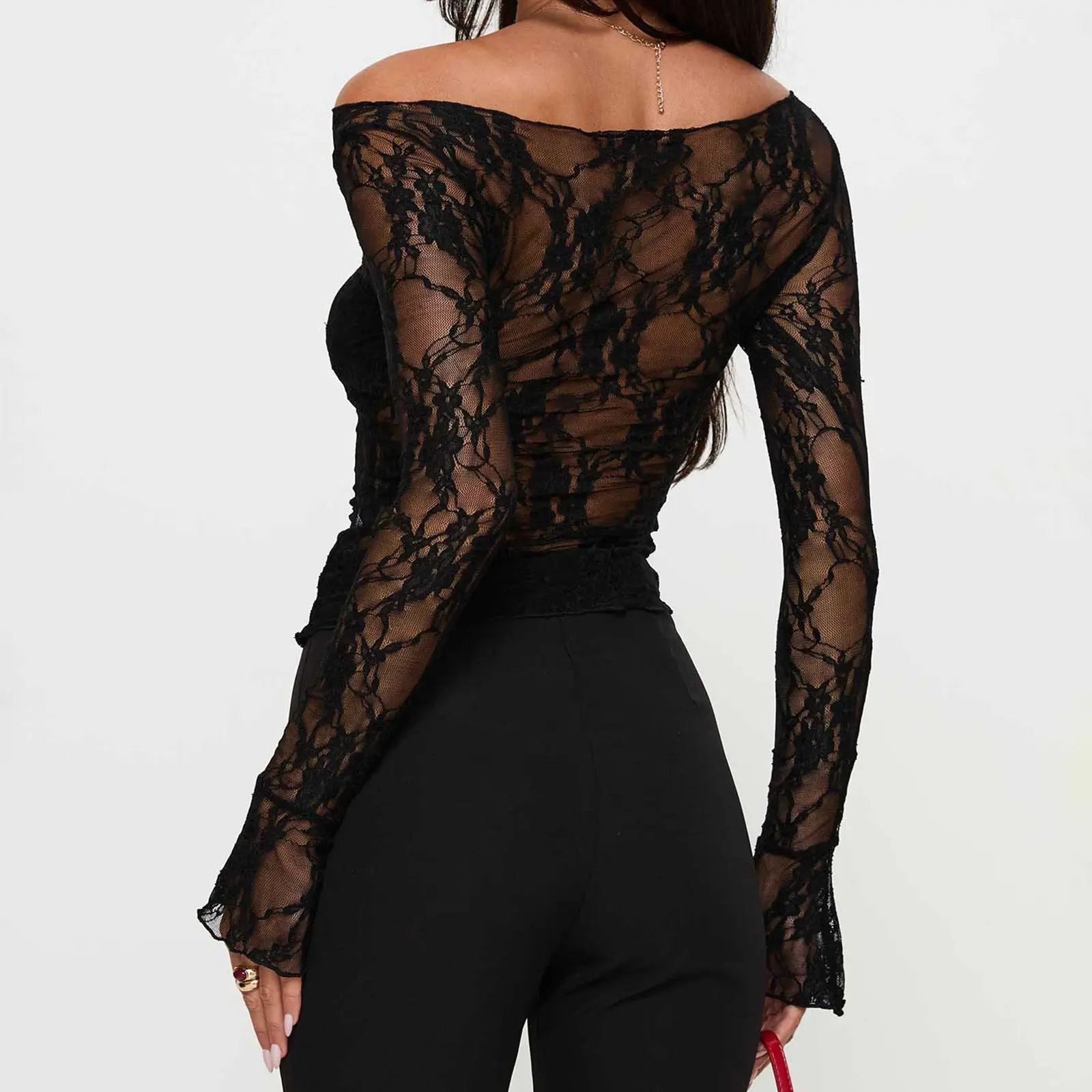 Combhasaki Women Basic Floral Lace Casual Sheer See-Through Patchwork Top Blouse Slim Fit Long Sleeve Boat Neck Shirt Streetwear