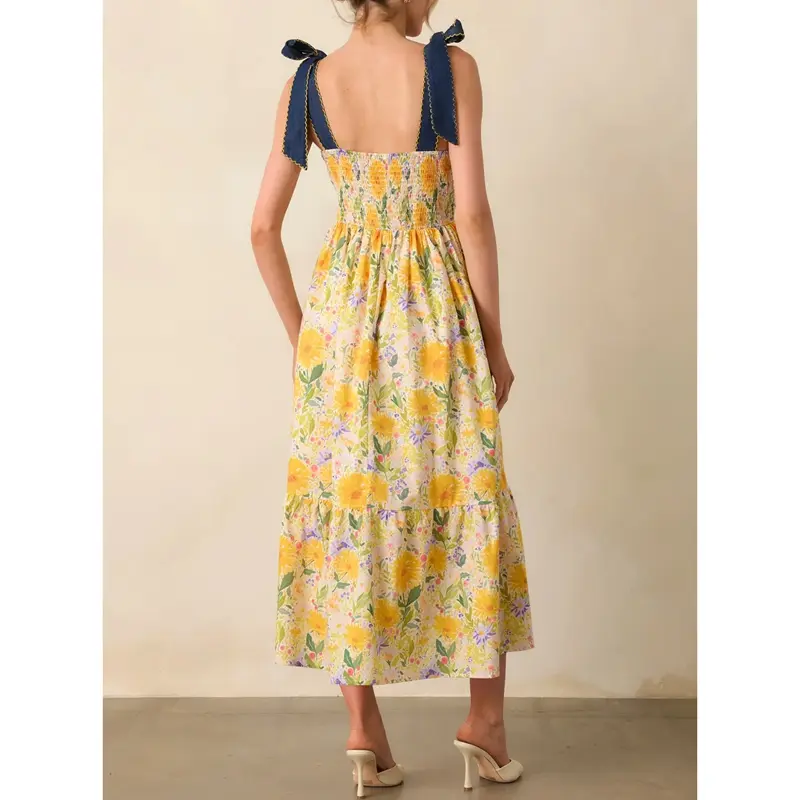 Combhasaki Women Summer Wide Shoulder Straps Bow Tied Square Neck Floral Print Smocked Backless Flowy A-line Tank Long Dress
