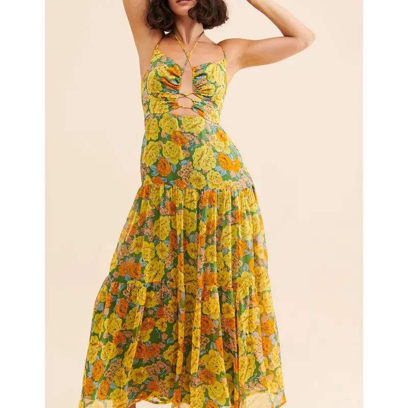 Combhasaki Women Summer Lace-up Halter Neck Cutout Bust Smocked Backless Ruffle Flowy Swing A-line Cami Slip Floral Long Dress