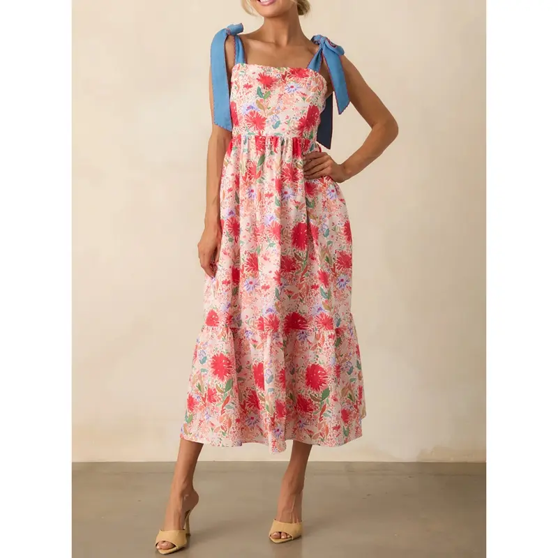 Combhasaki Women Summer Wide Shoulder Straps Bow Tied Square Neck Floral Print Smocked Backless Flowy A-line Tank Long Dress