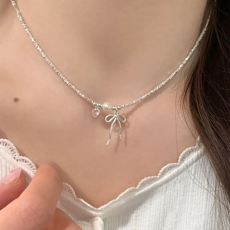 Combhasaki Chic Y2K Bowknot Heart Choker Pendant Necklace Sweet Clavicle Chain Necklace Jewelry Birthday Present Women and Girls