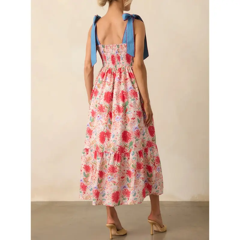 Combhasaki Women Summer Wide Shoulder Straps Bow Tied Square Neck Floral Print Smocked Backless Flowy A-line Tank Long Dress