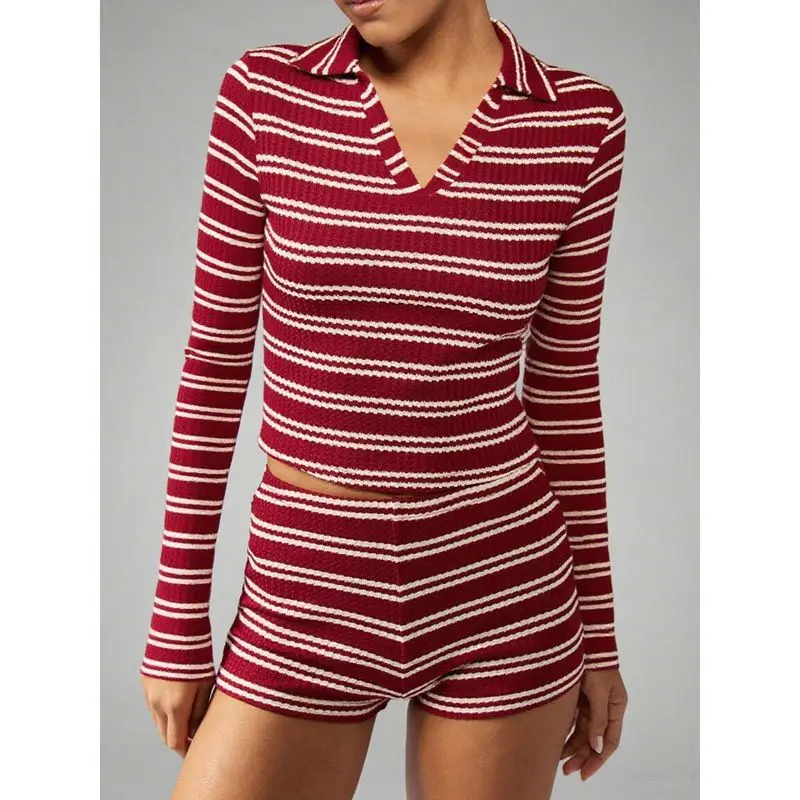 Combhasaki Women 2Piece Striped Contrast Color Slim Fit Outfits Set Lapel V-Neck Long Sleeve Crop Shirt Top+Elastic Waist Shorts