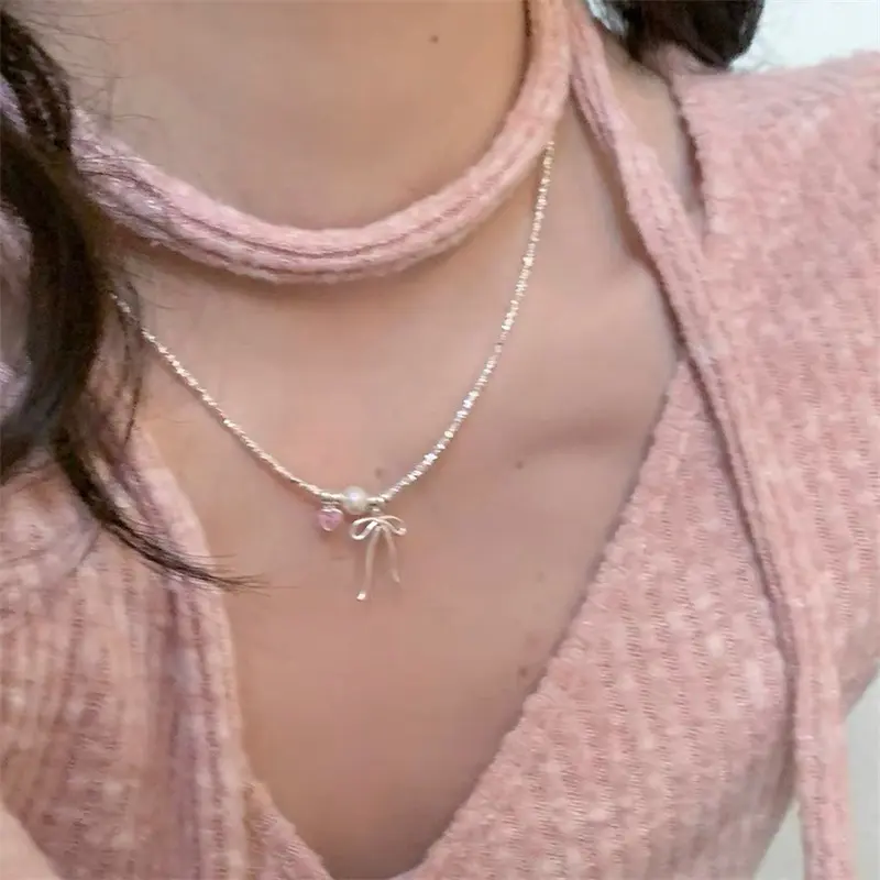 Combhasaki Chic Y2K Bowknot Heart Choker Pendant Necklace Sweet Clavicle Chain Necklace Jewelry Birthday Present Women and Girls