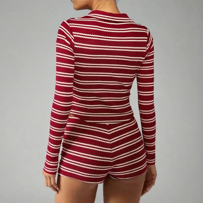 Combhasaki Women 2Piece Striped Contrast Color Slim Fit Outfits Set Lapel V-Neck Long Sleeve Crop Shirt Top+Elastic Waist Shorts