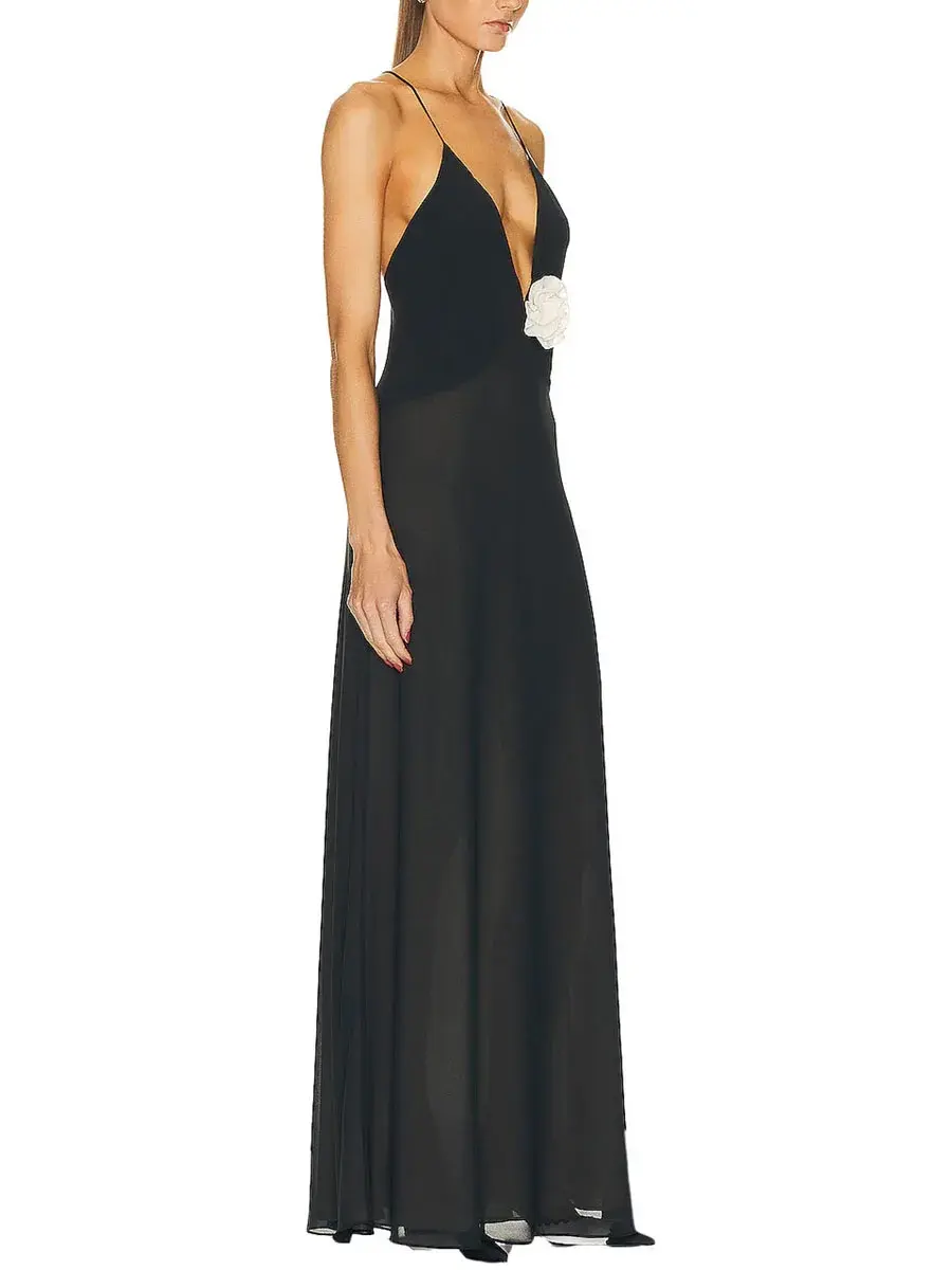 Combhasaki Womens Holiday Boho Summer See-through Vintage Backless Long Sundress Sleeveless Deep V Neck Flower Decor Party Dress