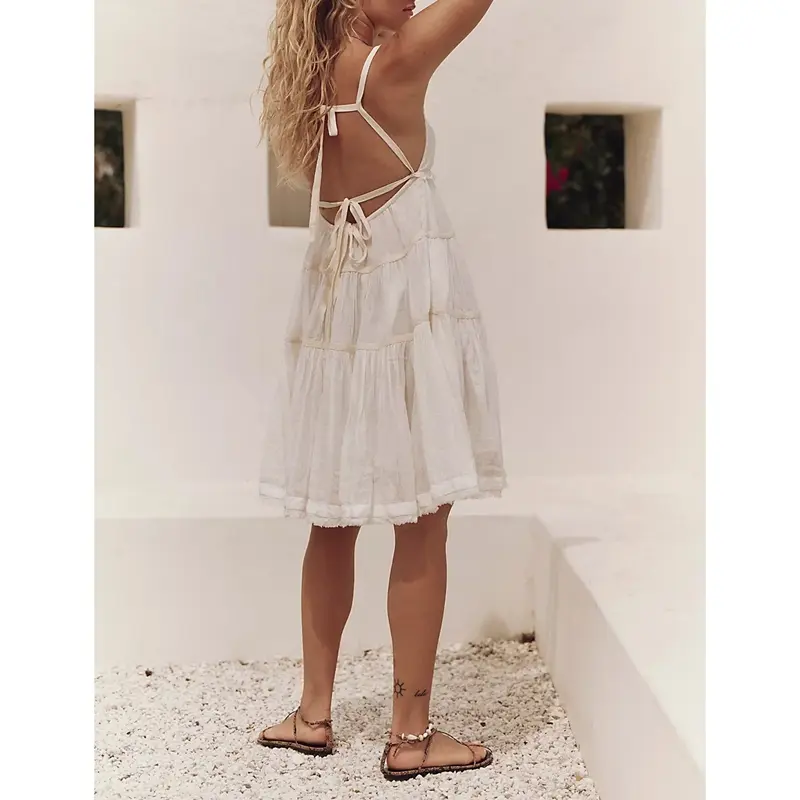 Combhasaki Women Causal Summer Loose Fit Square Neck Sleeveless Open Back Bow Tied Tiered Ruffle Hem Flowy Short Mini Cami Dress