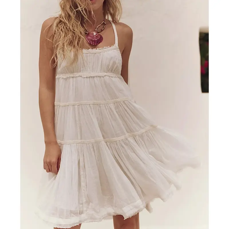 Combhasaki Women Causal Summer Loose Fit Square Neck Sleeveless Open Back Bow Tied Tiered Ruffle Hem Flowy Short Mini Cami Dress