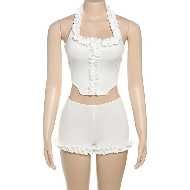 Combhasaki Women Summer 2Pcs Outfits Set Ruffle Frill Trim Halter Deep Square Neck Crop Top +Elastic Low Waist Slim Lifty Shorts