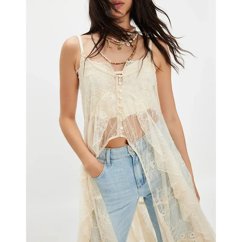 Combhasaki Women Chic Sleeveless Button-up Slit Front Camisoles Floral Lace See-through Ruffle Layered Irregular Hem Shirt Dress