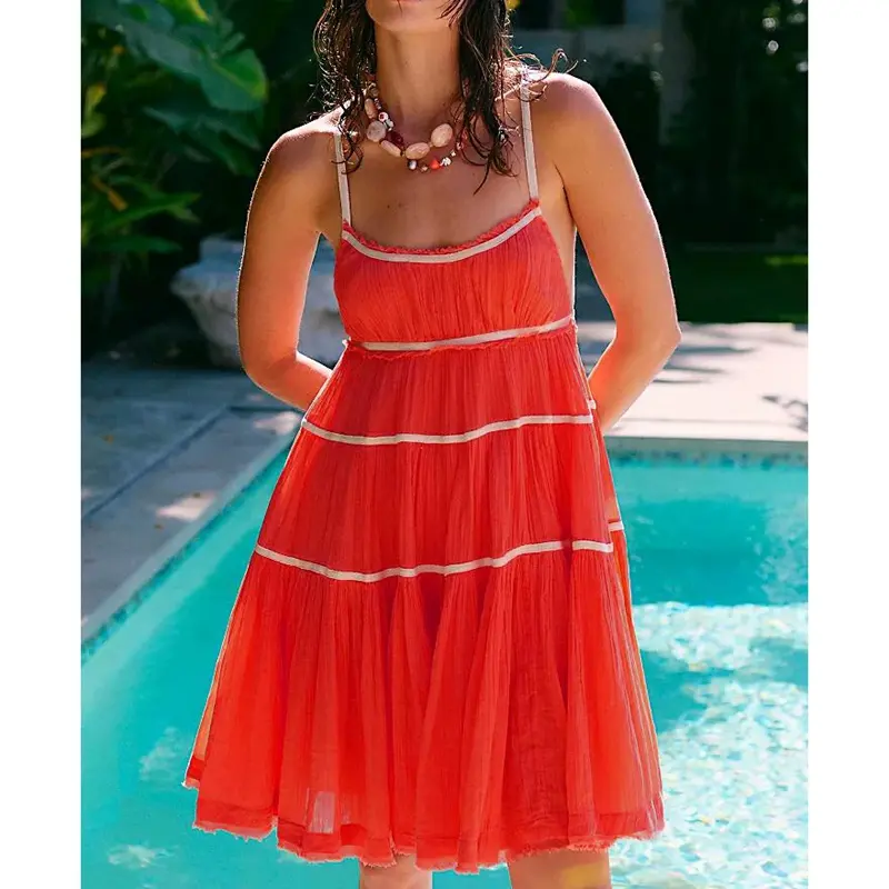 Combhasaki Women Causal Summer Loose Fit Square Neck Sleeveless Open Back Bow Tied Tiered Ruffle Hem Flowy Short Mini Cami Dress