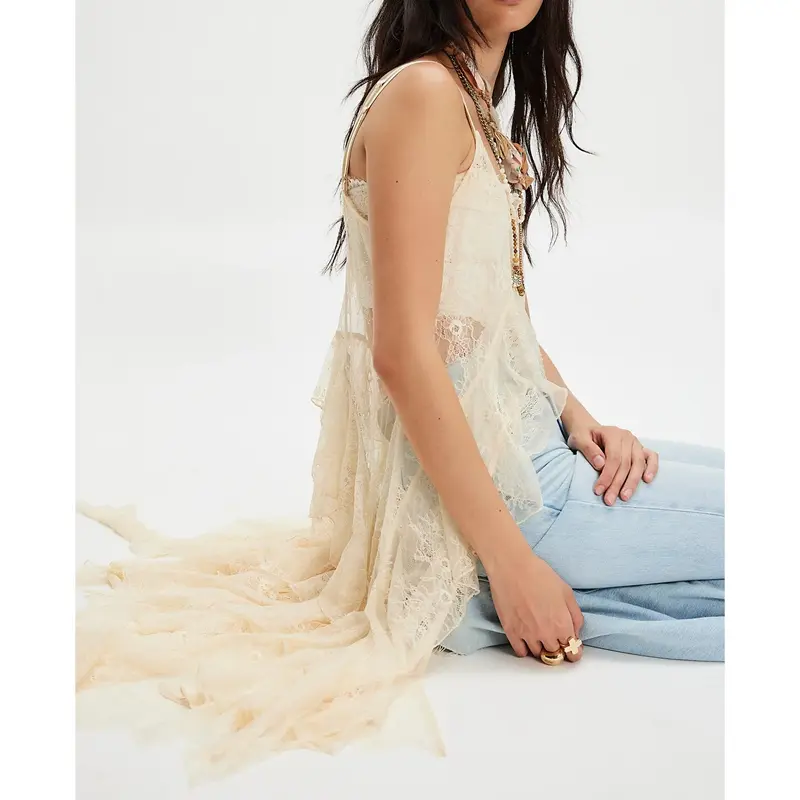 Combhasaki Women Chic Sleeveless Button-up Slit Front Camisoles Floral Lace See-through Ruffle Layered Irregular Hem Shirt Dress