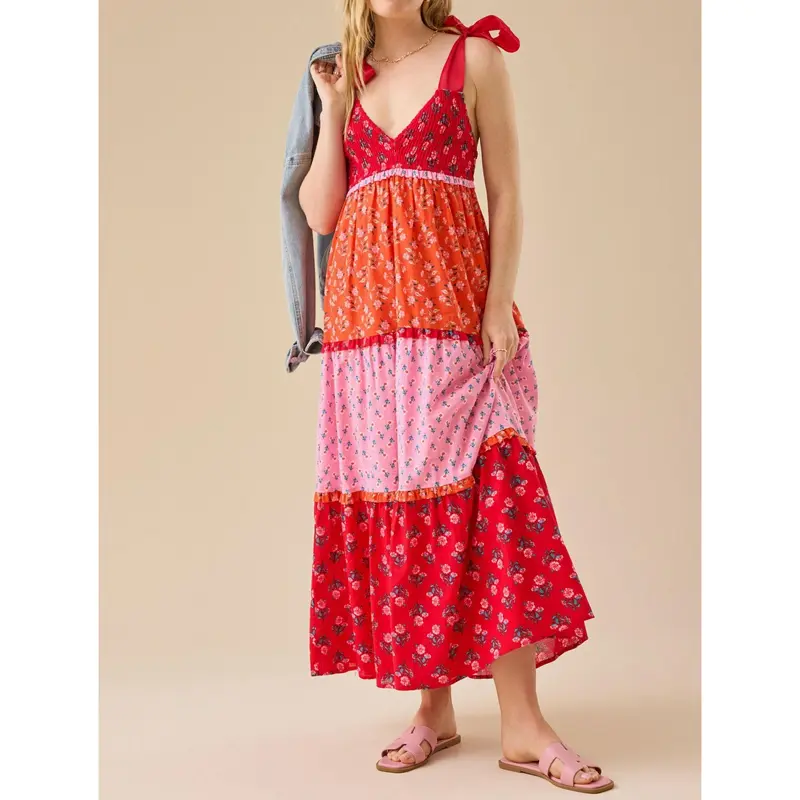 Combhasaki Women Summer Wide Silky Straps Tied Shoulder Smocked V-Neck Floral Print Contrast Color Ruffle A-line Tank Long Dress