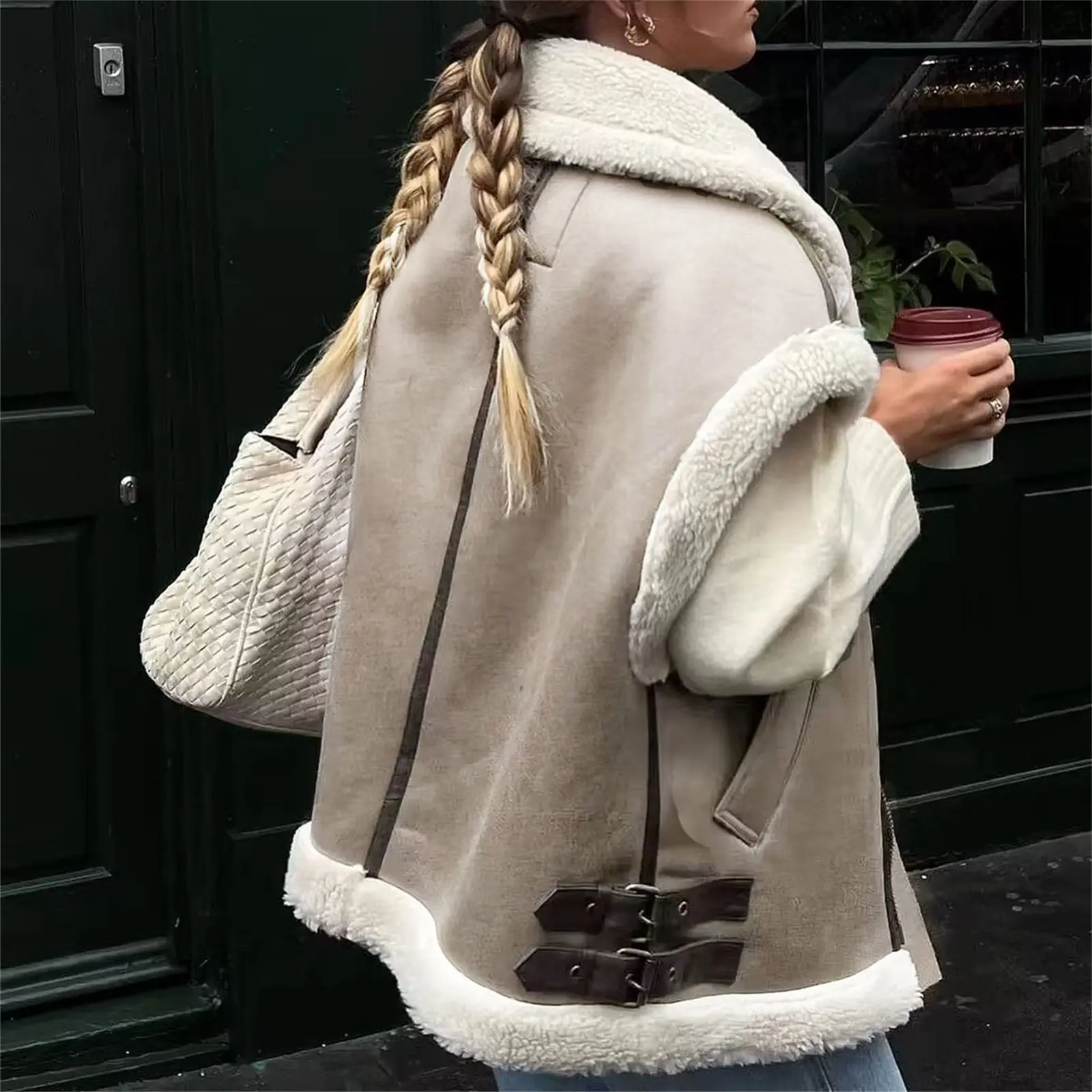 Combhasaki Womens Fuzzy Fleece Vest Patchwork Stand Collar Sherpa Waistcoat Winter Casual Outdoor Sleeveless Suede Jacket Coat