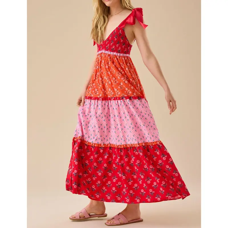 Combhasaki Women Summer Wide Silky Straps Tied Shoulder Smocked V-Neck Floral Print Contrast Color Ruffle A-line Tank Long Dress