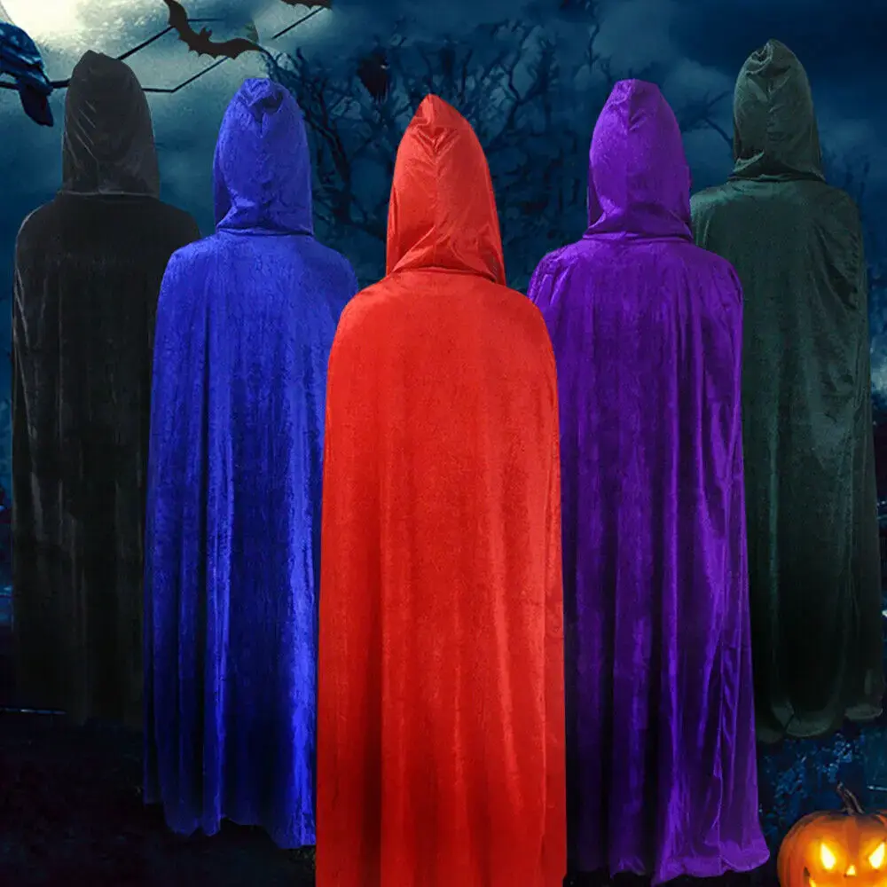 Combhasaki Adult Velvet Cloak Cape Hooded Medieval Costume Witch Wicca Vampire Halloween Costume Full Length Dress Coats