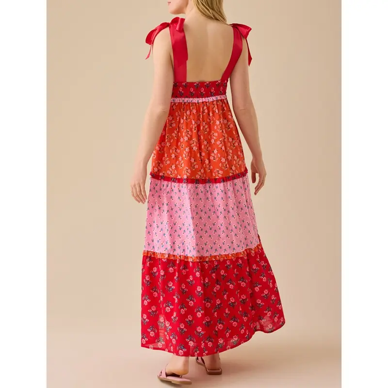 Combhasaki Women Summer Wide Silky Straps Tied Shoulder Smocked V-Neck Floral Print Contrast Color Ruffle A-line Tank Long Dress