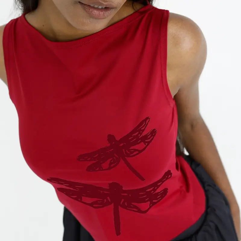 Combhasaki Women Summer Slim Fit Crop Tank Top Y2K Aesthetic Classic Dragonfly Print Sleeveless Boat Neck Vest Shirts Streetwear