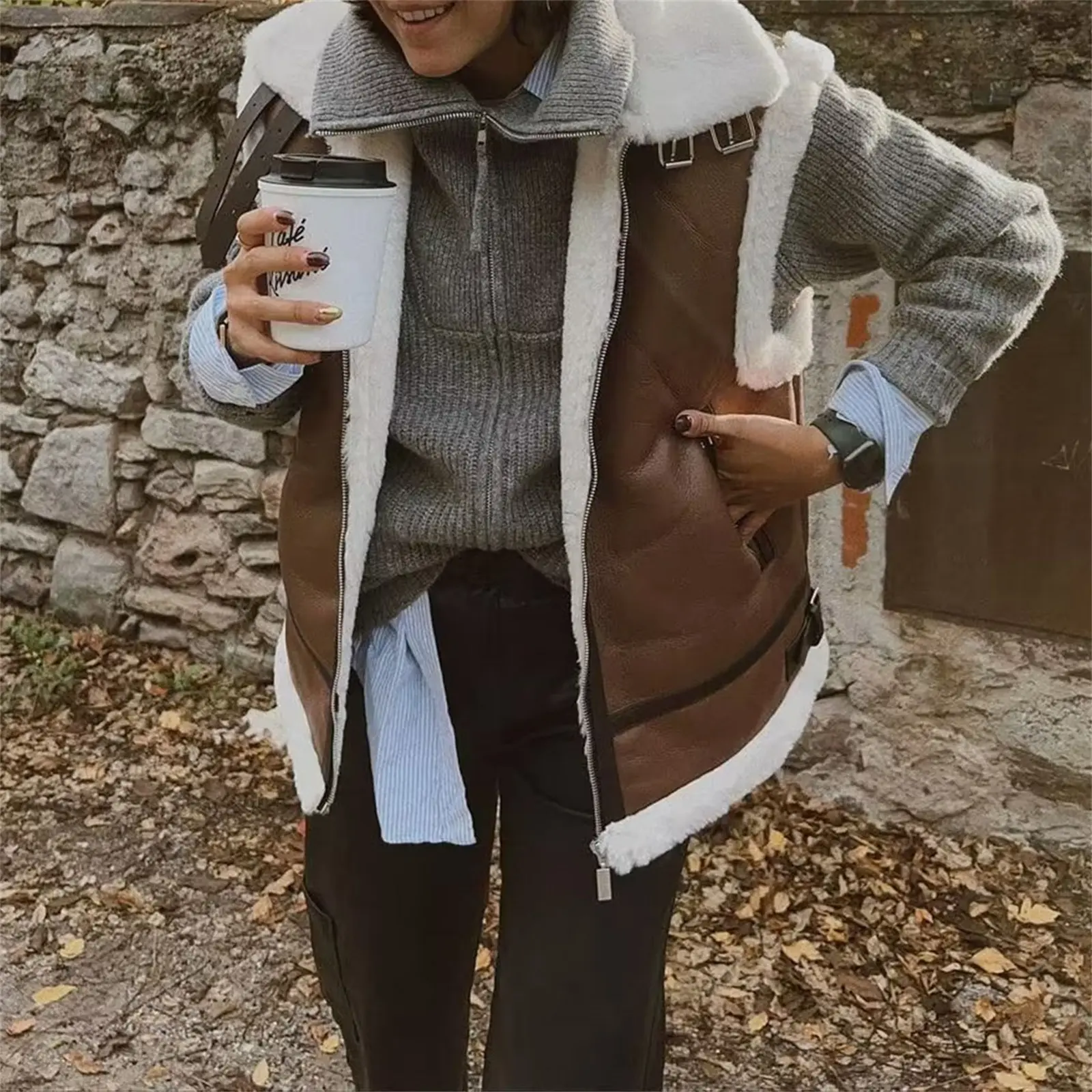 Combhasaki Womens Fuzzy Fleece Vest Patchwork Stand Collar Sherpa Waistcoat Winter Casual Outdoor Sleeveless Suede Jacket Coat