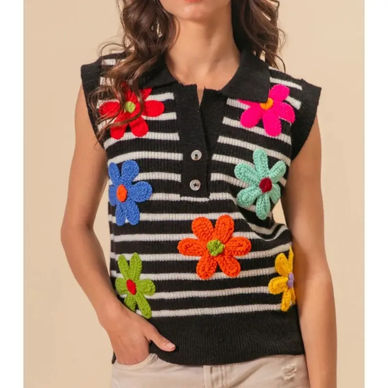 Combhasaki Women Y2K Retro Stripe Sweater Vest Half Button-up Lapel V-Neck Sleeveless Knitwear Top with Colorful 3D Flower Decor