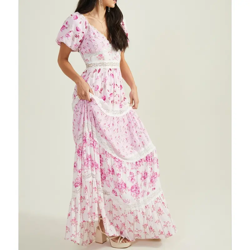 Combhasaki Women Summer Sheer Lace Trim V Neck Flower Print Contrast Color Puff Sleeve Beachwear Ruffle Flowy A-line Long Dress