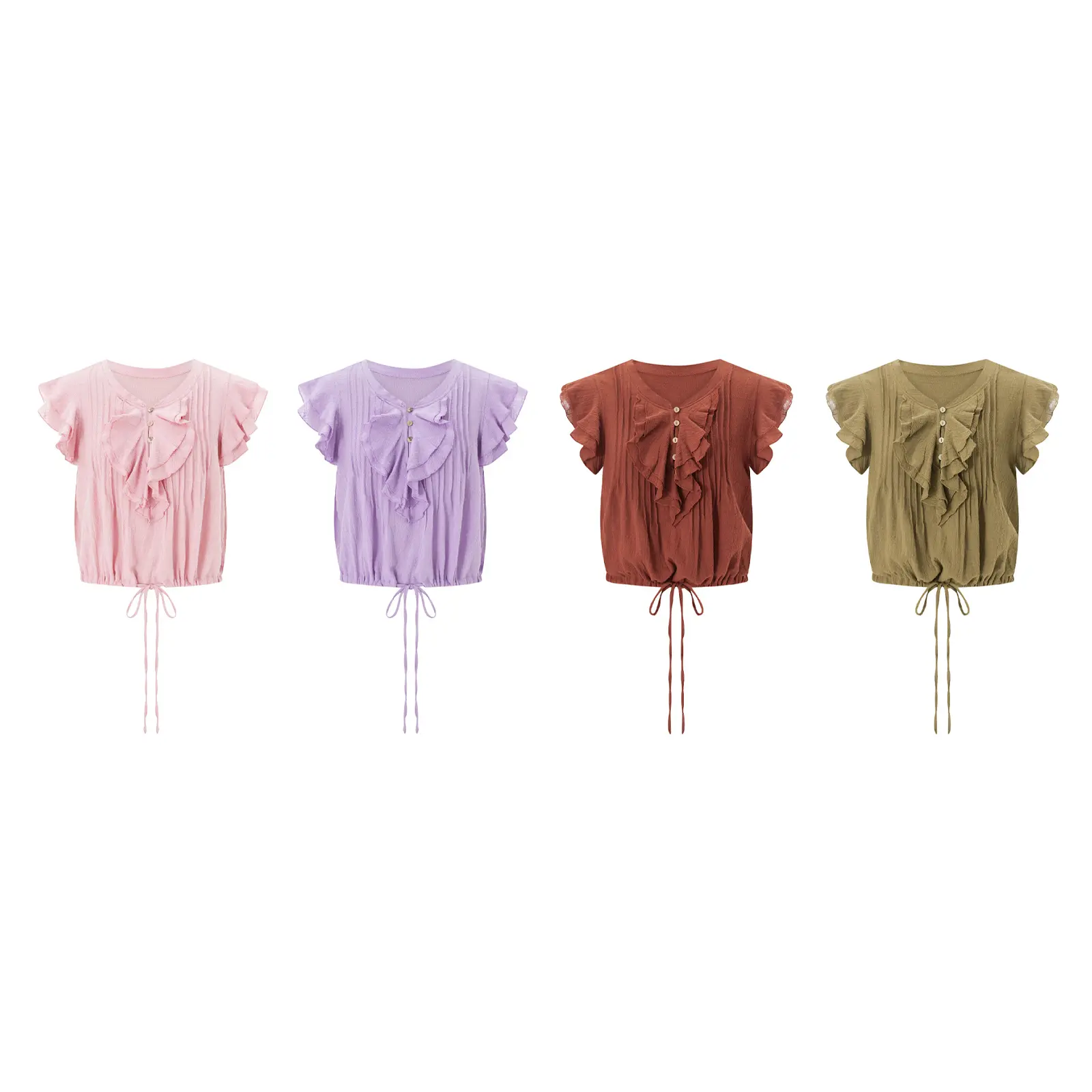 Combhasaki Women Summer Chic Drawstring Bow Tied Hem Crop Top Layered Flying Sleeve Button-up V Neck Ruffle Trim Pleated T-shirt