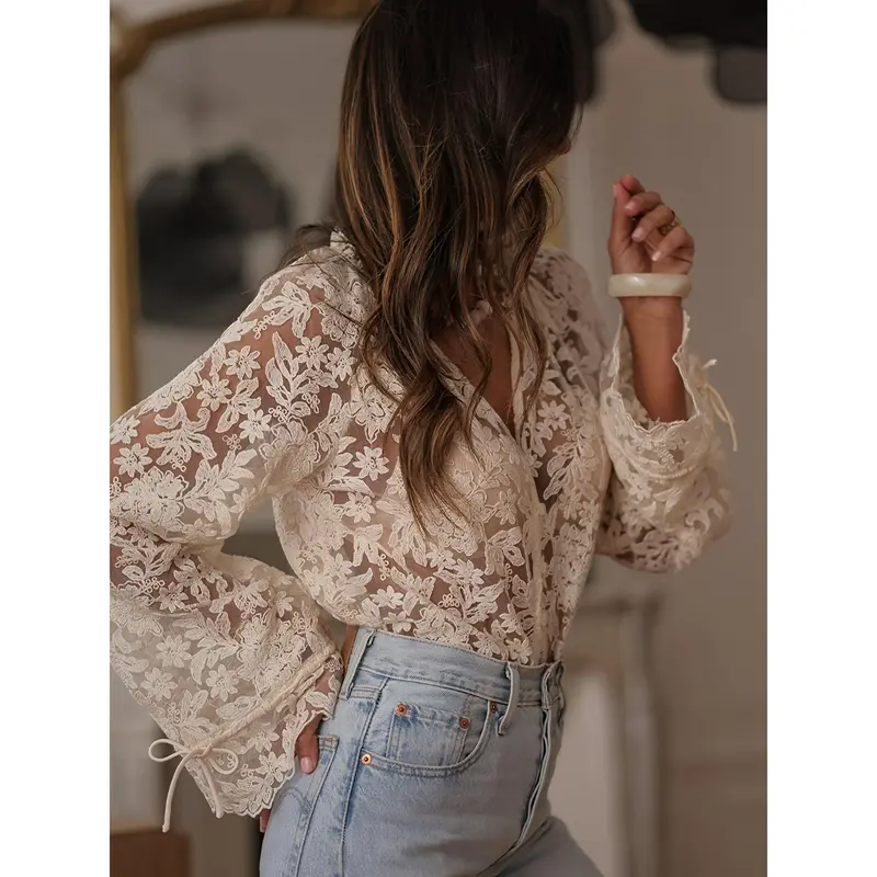 Combhasaki Women Sheer Mesh Shee-through Lace Blouse Flower Embroidery Button-up V Neck Drawstring Long Flare Sleeve Loose Shirt