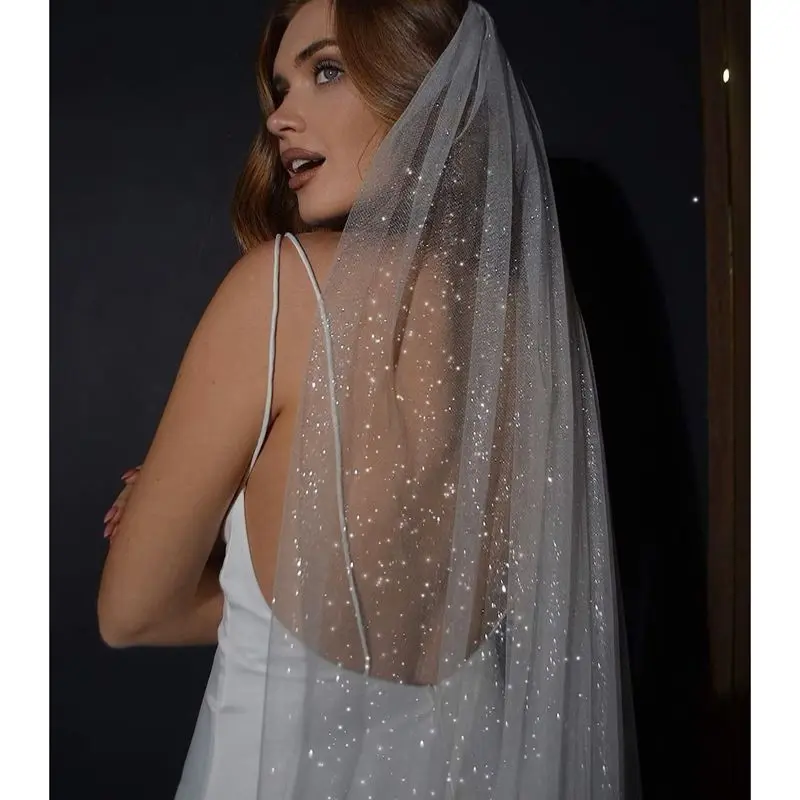 Combhasaki Long Wedding Veil Shiny Sequins Cathedral Bridal Veils Women's Bachelorette Wedding Party Photography Props Headpiece