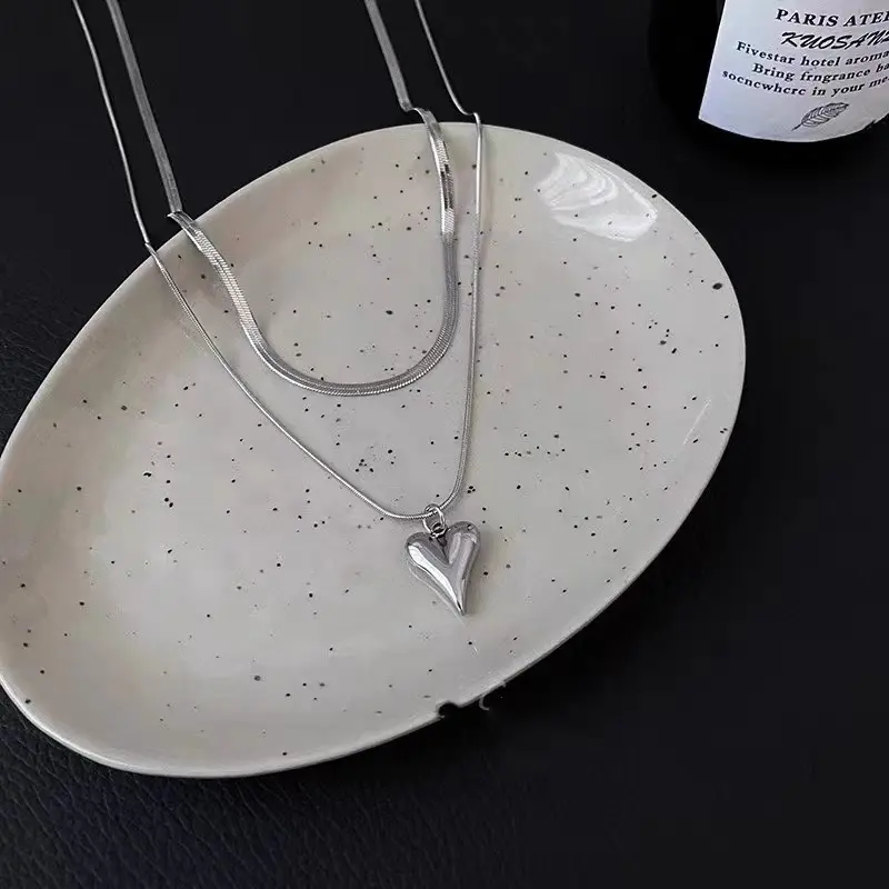 Stainless Steel Double Layer Peach Heart Pendant Necklace for Women Lady No Fading Clavicle Chain Jewelry Aesthetic Punk Jewelry