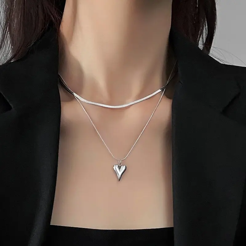 Stainless Steel Double Layer Peach Heart Pendant Necklace for Women Lady No Fading Clavicle Chain Jewelry Aesthetic Punk Jewelry