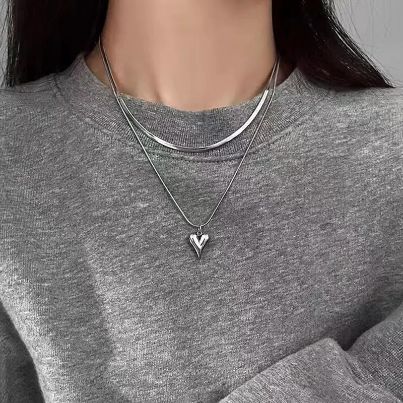 Stainless Steel Double Layer Peach Heart Pendant Necklace for Women Lady No Fading Clavicle Chain Jewelry Aesthetic Punk Jewelry