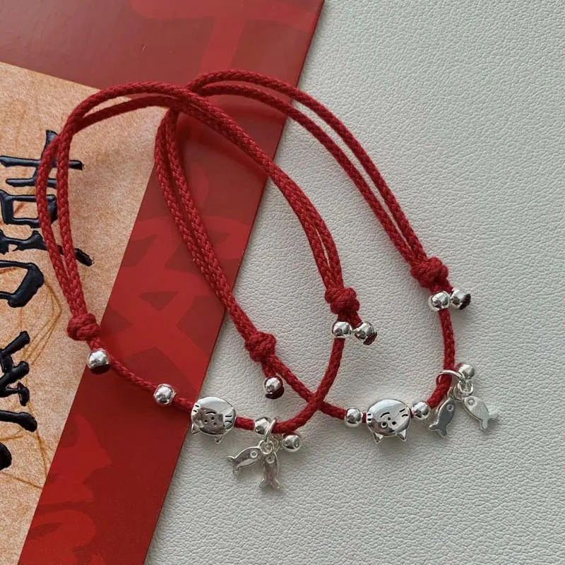 Fashion Cat Little Fish Red Rope Bracelets for Women Simple Cute Silver Color Beaded Adjustable Bracelets Jewelry Party Gifts