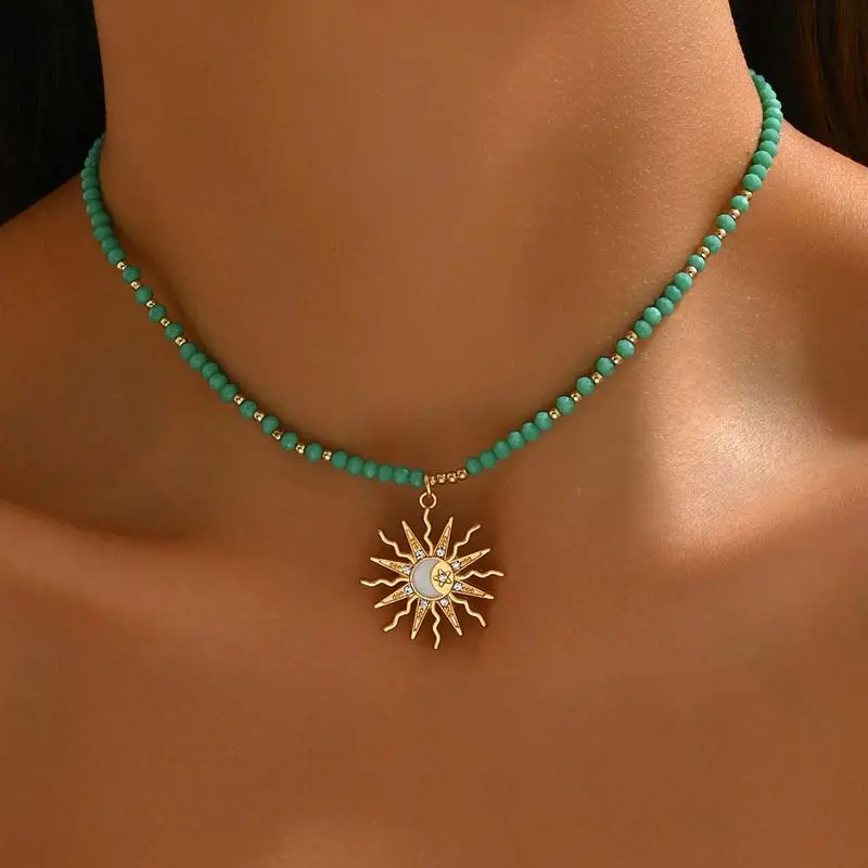 Fashion Metal Sun Star Pendant Necklaces for Women Vintage Crystal White Handmade Beaded Moon Choker Necklaces Jewelry Gifts