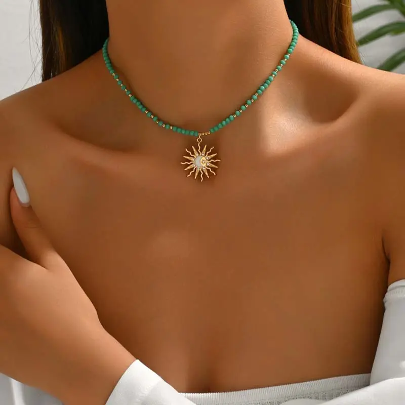 Fashion Metal Sun Star Pendant Necklaces for Women Vintage Crystal White Handmade Beaded Moon Choker Necklaces Jewelry Gifts