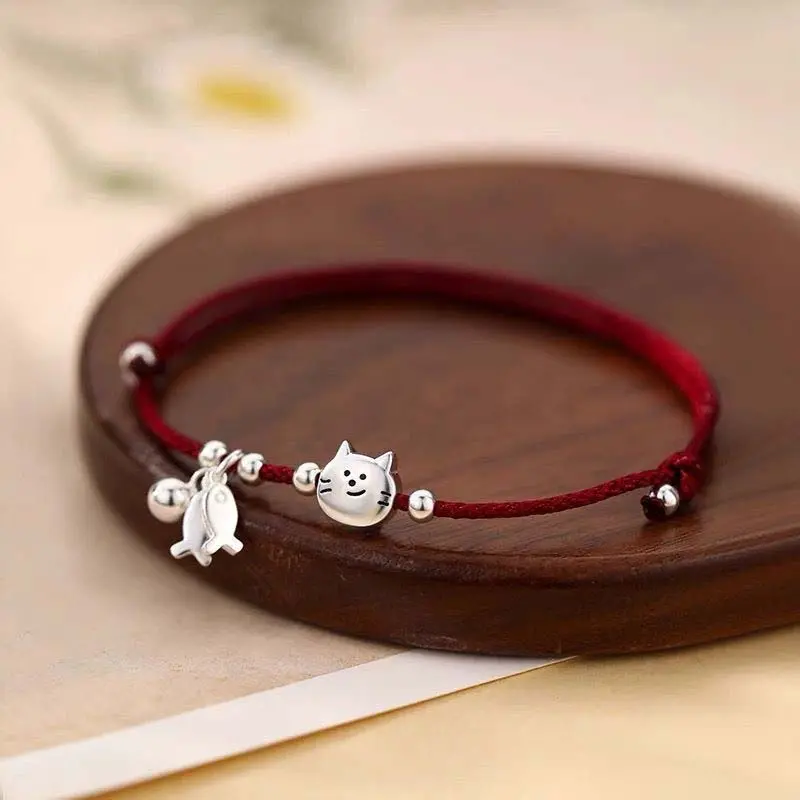 Fashion Cat Little Fish Red Rope Bracelets for Women Simple Cute Silver Color Beaded Adjustable Bracelets Jewelry Party Gifts