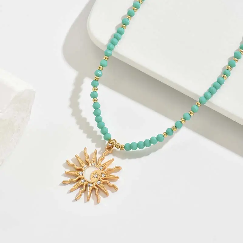 Fashion Metal Sun Star Pendant Necklaces for Women Vintage Crystal White Handmade Beaded Moon Choker Necklaces Jewelry Gifts