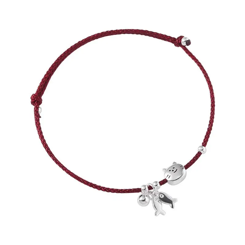 Fashion Cat Little Fish Red Rope Bracelets for Women Simple Cute Silver Color Beaded Adjustable Bracelets Jewelry Party Gifts