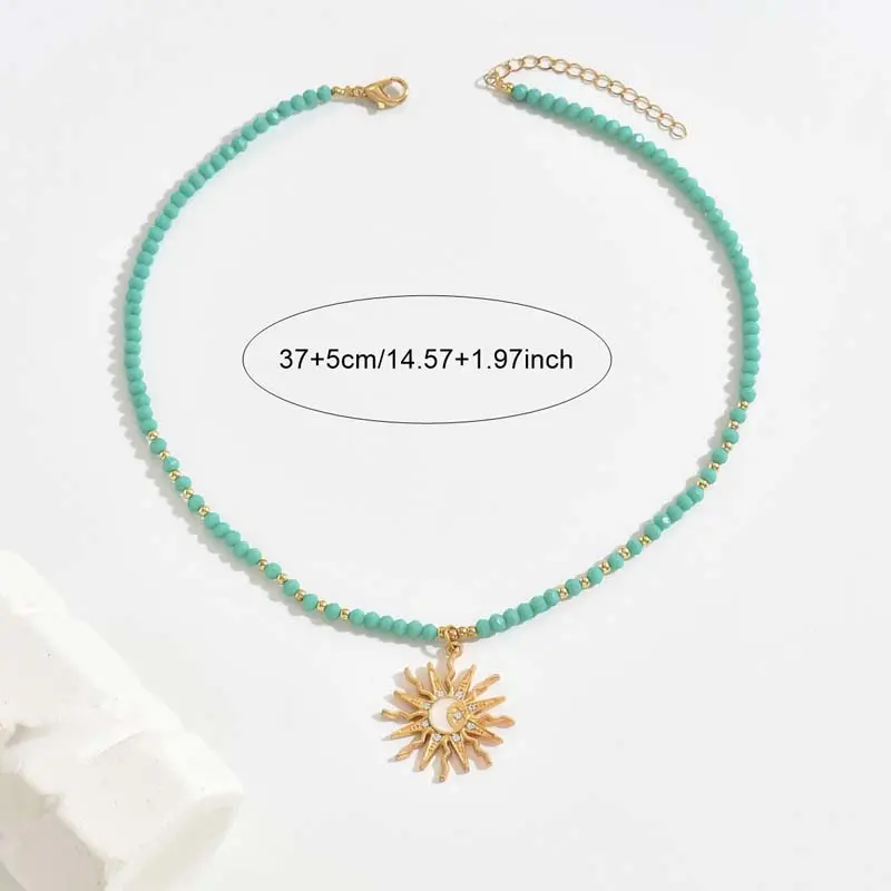 Fashion Metal Sun Star Pendant Necklaces for Women Vintage Crystal White Handmade Beaded Moon Choker Necklaces Jewelry Gifts