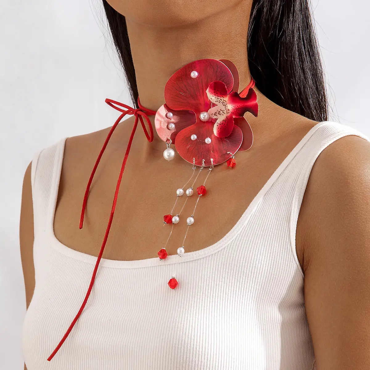 New European American Exaggerated Necklace Fresh Butterfly Orchid Pendant Drawstring Personalized Long Floral Collar Banquet