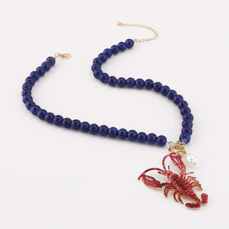 Exaggerated Lobster Beaded Choker Necklaces for Women Bohemia Blue Handmade Beads Necklaces Animal Beach Jewelry Accessories
